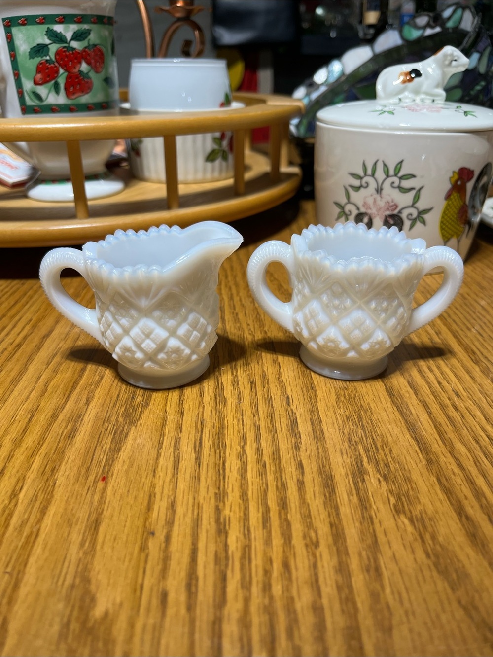 Mini Vintage Milk Glass Creamer and Sugar Set - White